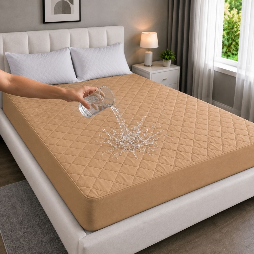 Quilted Waterproof Mattress Protector Color With Elastic Fitting - YELLOW