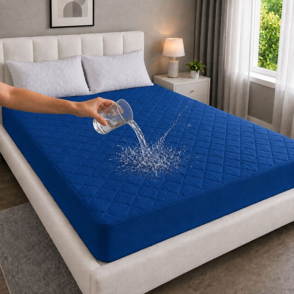 Quilted Waterproof Mattress Protector Color With Elastic Fitting - BLUE