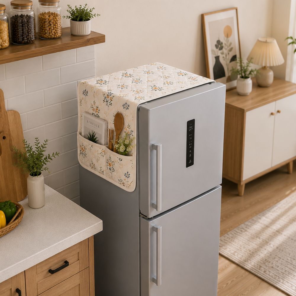 Dustproof Quilted Refrigerator Cover with Side Pockets
