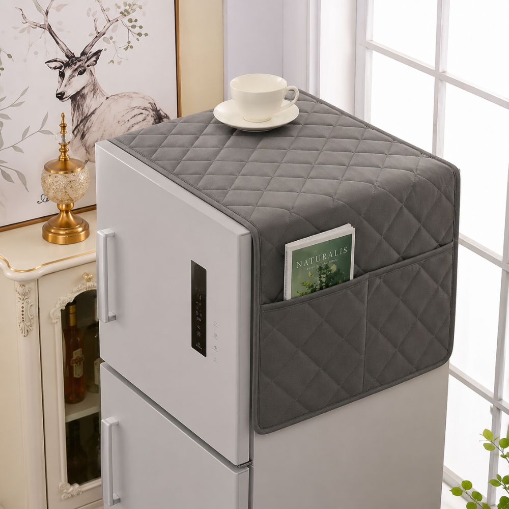 Dustproof Quilted Refrigerator Cover with Side Pockets