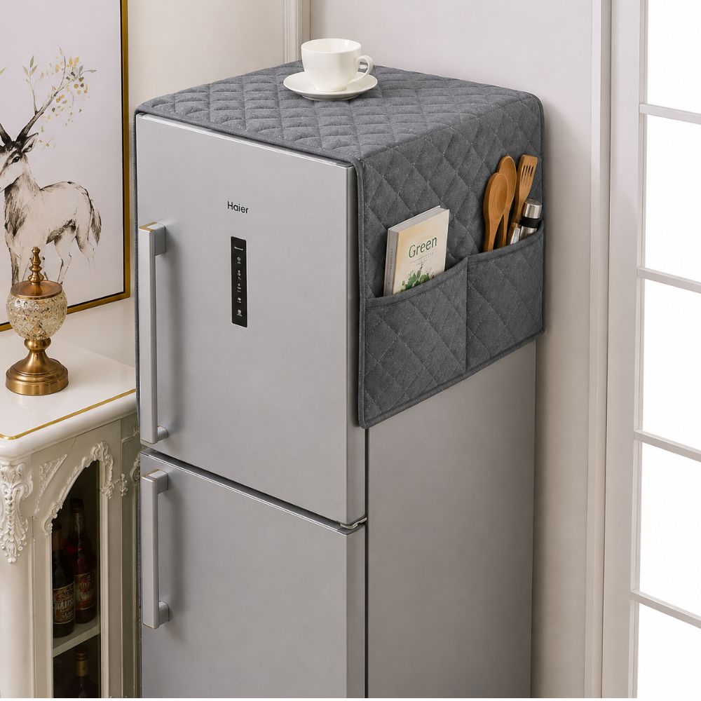 Dustproof Quilted Refrigerator Cover with Side Pockets