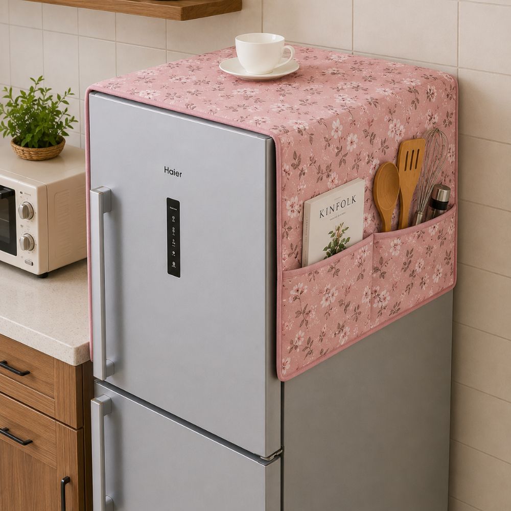 Dustproof Quilted Refrigerator Cover with Side Pockets