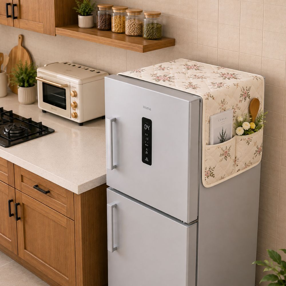 Dustproof Quilted Refrigerator Cover with Side Pockets