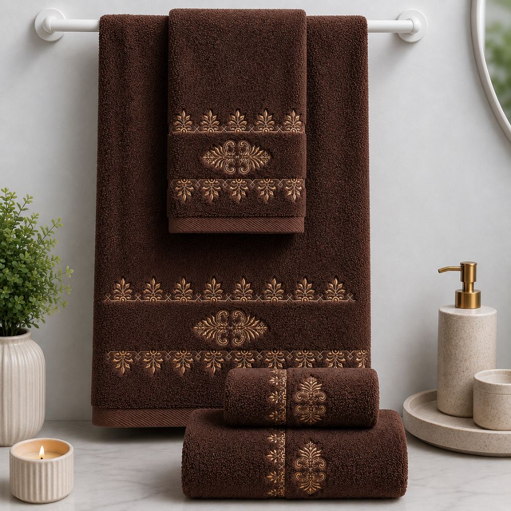 Brown 3-Piece Combed Embroidered Towel Set