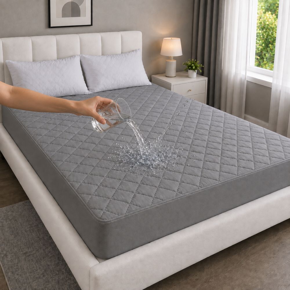 Quilted Waterproof Mattress Protector Color With Elastic Fitting - GRAY
