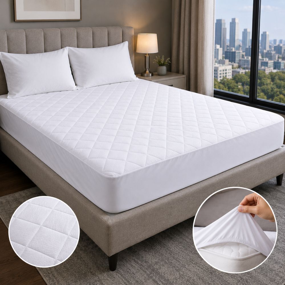 Quilted Waterproof Mattress Protector Color With Elastic Fitting - WHITE