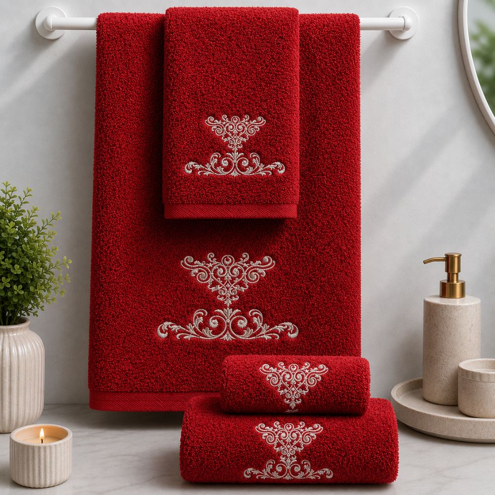 Red 3-Piece Combed Embroidered Towel Set